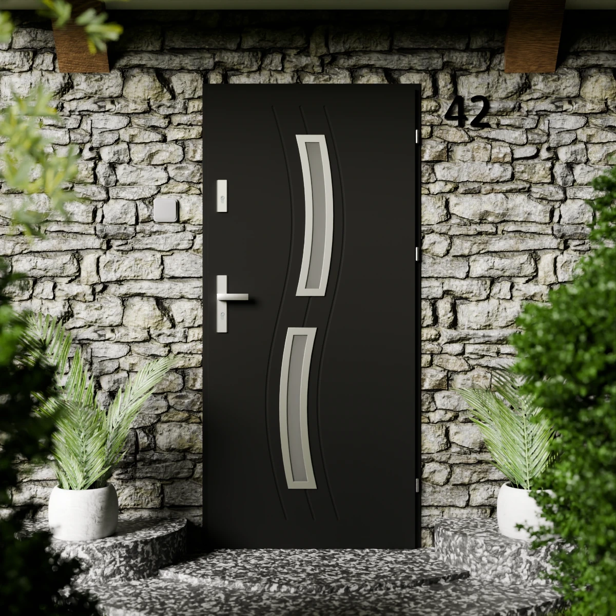 Drzwi zewnętrzne stalowe do domu Twista Inox 72mm z klamką energooszczędne Ud=1.3 lustro weneckie szyba mleczna Program Czyste Powietrze