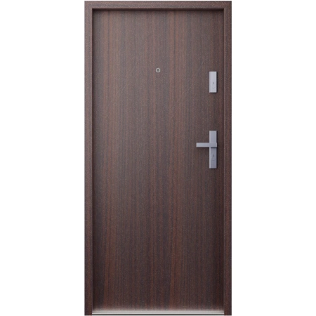 Drzwi wewnątrzklatkowe akustyczne wyciszające 47 dB z Certyfikatem antywłamaniowe RC3 55 mm stalowe gładkie z klamką inox srebrną mahoń G00