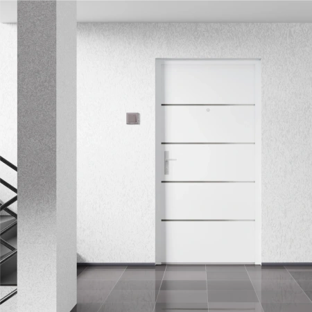 Drzwi wewnątrzklatkowe akustyczne 44 dB z Certyfikatem wyciszające stalowe antywłamaniowe RC3 68mm dymoszczelne białe M02