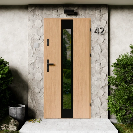 Drzwi zewnętrzne stalowe do domu Modern Black 72mm z klamką czarną energooszczędne Ud=1.3 lustro weneckie szyba mleczna Program Czyste Powietrze