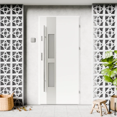 Drzwi zewnętrzne stalowe do domu Anda Inox 72mm z antabą/pochwytem energooszczędne Ud=1.3 lustro weneckie szyba mleczna Program Czyste Powietrze