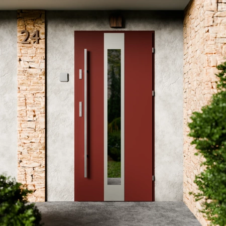 Drzwi zewnętrzne stalowe do domu Modern Inox 72mm z antabą/pochwytem energooszczędne Ud=1.3 lustro weneckie szyba mleczna Program Czyste Powietrze