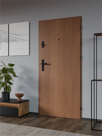 Drzwi wewnątrzklatkowe antywłamaniowe RC3 z Certyfikatem akustyczne wyciszające 47 dB 55 mm stalowe gładkie z klamką czarną złoty dąb G00