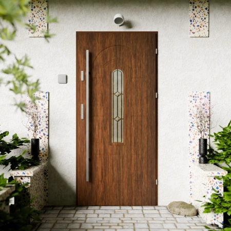 Drzwi zewnętrzne stalowe do domu Retro Inox 72mm z antabą/pochwytem energooszczędne Ud=1.3 przeszklone Program Czyste Powietrze