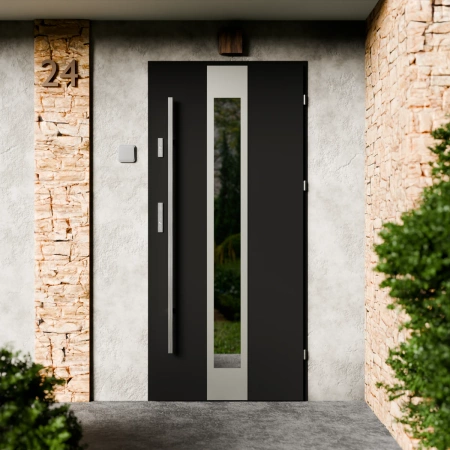 Drzwi zewnętrzne stalowe do domu Modern Inox 72mm z antabą/pochwytem energooszczędne Ud=1.3 lustro weneckie szyba mleczna Program Czyste Powietrze