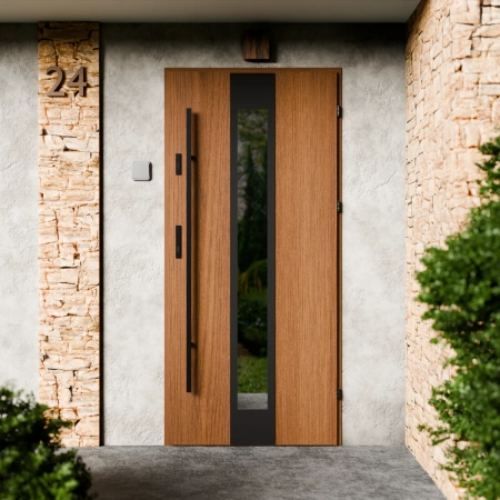 Drzwi zewnętrzne stalowe do domu Modern Black 72mm z antabą/pochwytem energooszczędne Ud=1.3 lustro weneckie szyba mleczna Program Czyste Powietrze