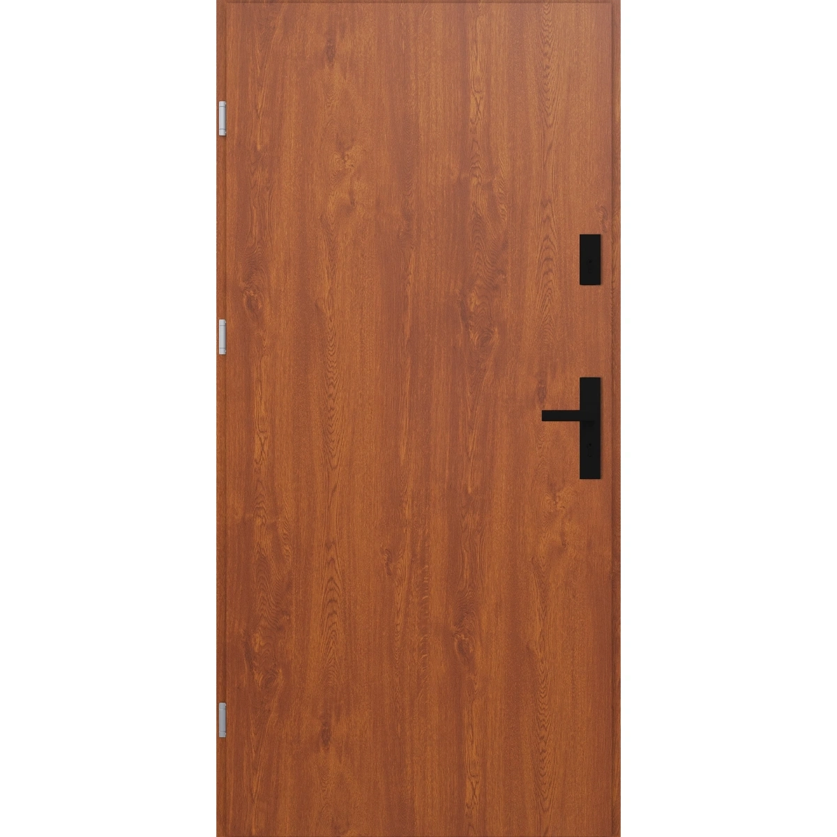 Drzwi zewnętrzne do domu stalowo aluminiowe 68 mm z czarnymi okuciami ATU68 złoty dąb Program Czyste Powietrze M522