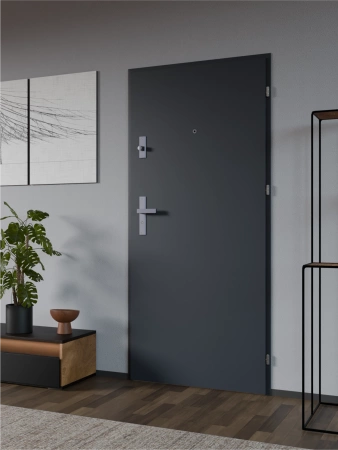 Drzwi wewnątrzklatkowe antywłamaniowe RC3 z Certyfikatem akustyczne wyciszające 47 dB 55 mm stalowe gładkie z klamką inox srebrną antracyt db703 G00