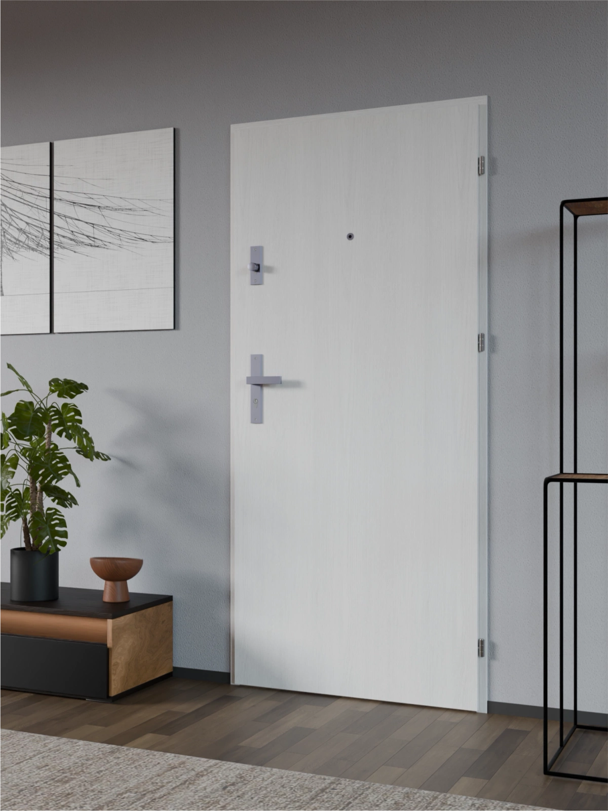 Drzwi wewnątrzklatkowe antywłamaniowe w klasie RC4 55 mm stalowe z klamką i zawiasami srebrnymi inox biały drewnopodobny A7
