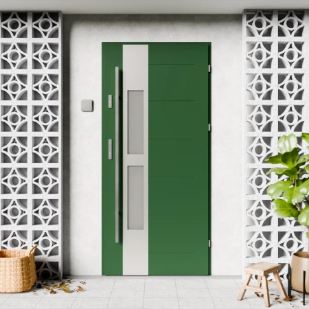 Drzwi zewnętrzne stalowe do domu Anda Inox 72mm z antabą/pochwytem energooszczędne Ud=1.3 lustro weneckie szyba mleczna Program Czyste Powietrze