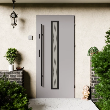 Drzwi zewnętrzne stalowe do domu Witro Black 72mm z antabą/pochwytem energooszczędne Ud=1.3 szyba z nadrukiem ceramicznym Program Czyste Powietrze