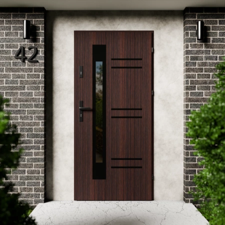 Drzwi zewnętrzne stalowe do domu Pina Black 72mm z klamką czarną energooszczędne Ud=1.3 lustro weneckie szyba mleczna Program Czyste Powietrze