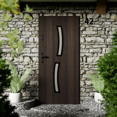 Drzwi zewnętrzne stalowe do domu Twista Black 72mm z klamką czarną energooszczędne Ud=1.3 lustro weneckie szyba mleczna Program Czyste Powietrze