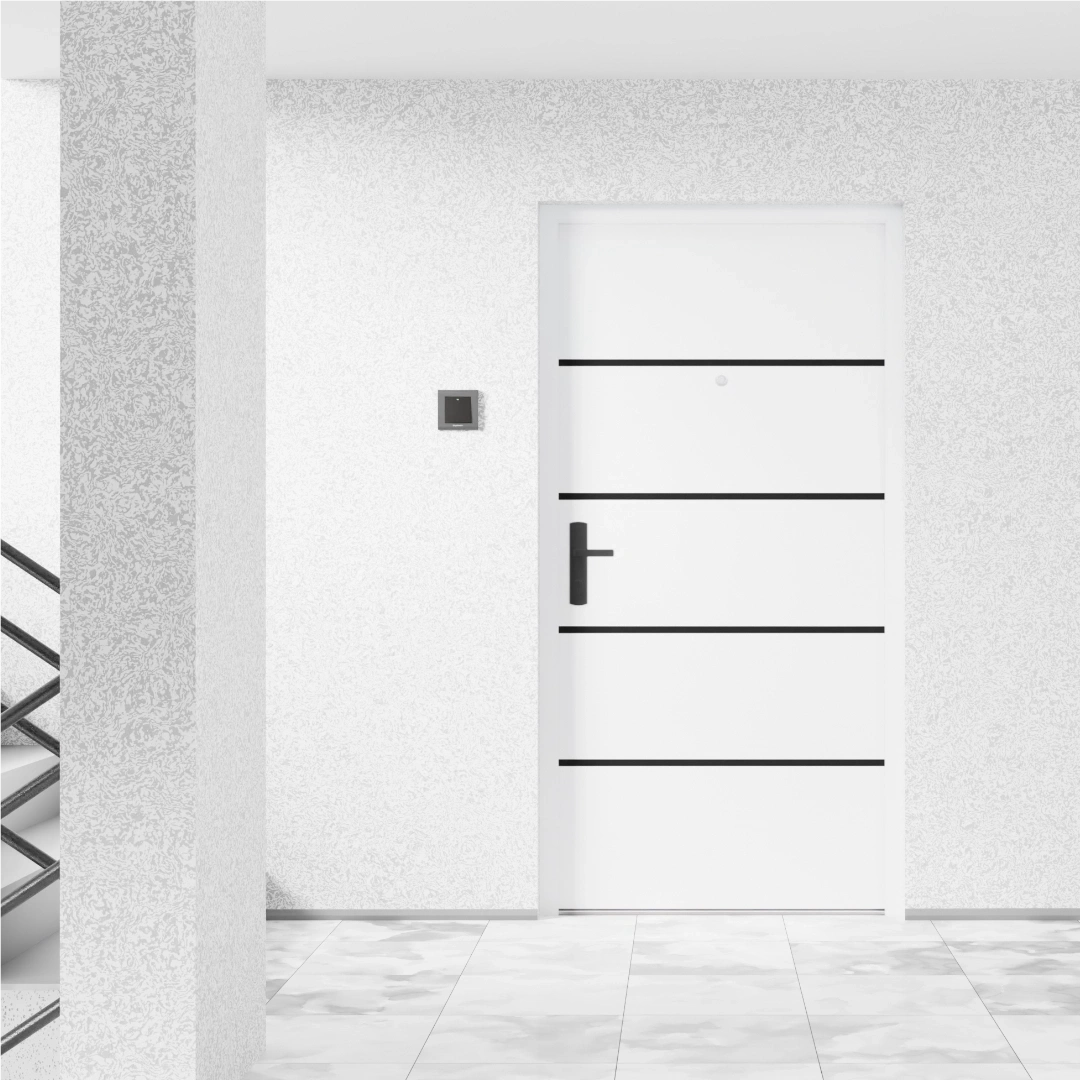 Drzwi wewnątrzklatkowe antywłamaniowe atestowane RC3 68 mm stalowe akustyczne 44 dB dymoszczelne antracyt czarna klamka białe M02