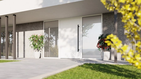 Drzwi zewnętrzne wejściowe domu aluminiowe na wymiar 90mm RC2 pochwyt/antaba Premium KOBBE energooszczędne RAL na zamówienie czerwono brązowe M310