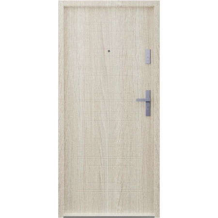 Drzwi wewnątrzklatkowe akustyczne wyciszające 47 dB antywłamaniowe RC3 55 mm stalowe z tłoczeniami z klamką inox srebrną dąb sonoma T34