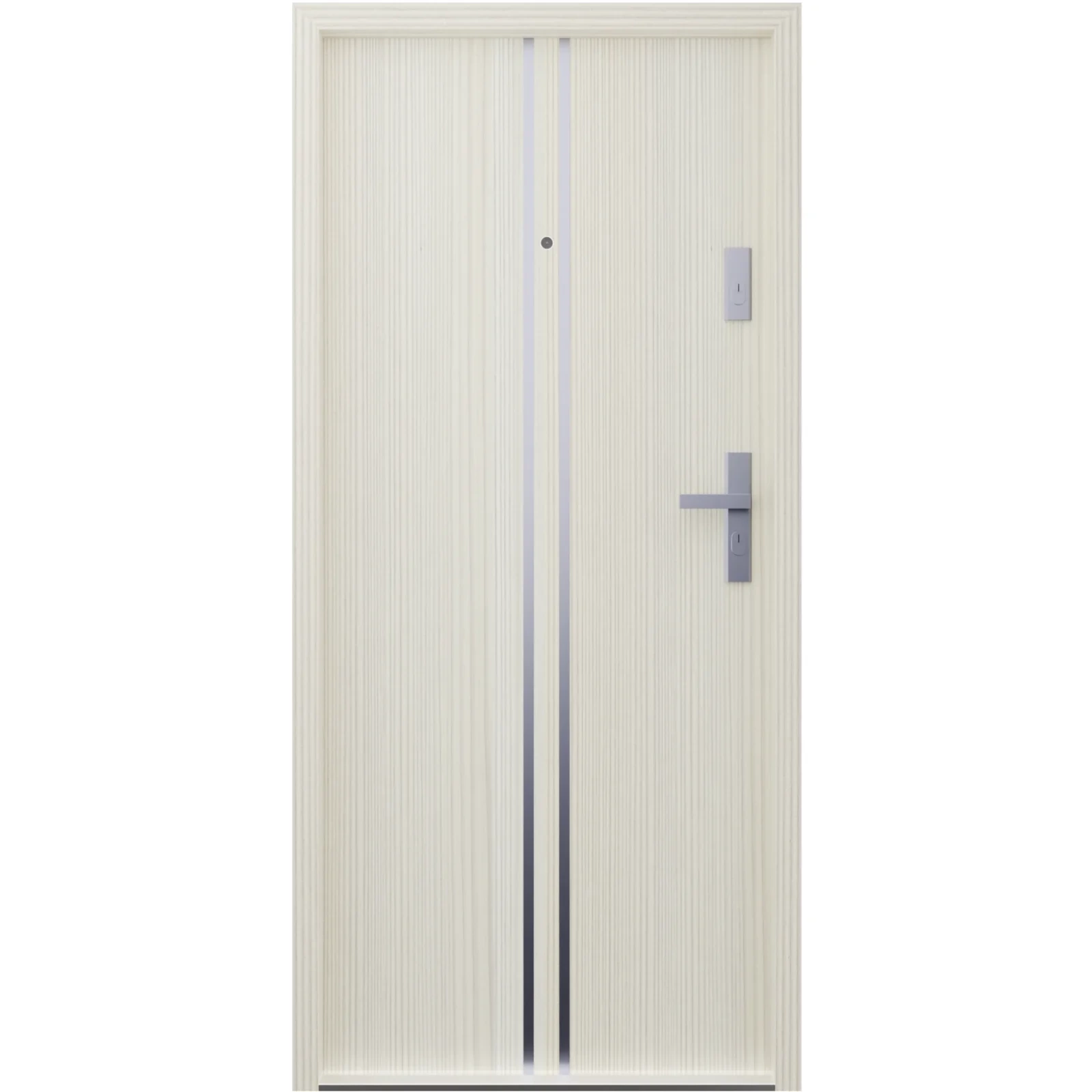 Drzwi wewnątrzklatkowe akustyczne wyciszające 47 dB antywłamaniowe RC3 55 mm stalowe z klamką inox srebrną i aplikacjami dąb bielony A7