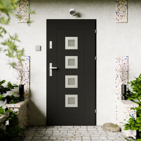 Quarto Inox CK drzwi zewnętrzne 72 mm z klamką energooszczędne Ud-1.3 przeszklone reflex brązowy i szary szyba mleczna Program Czyste Powietrze