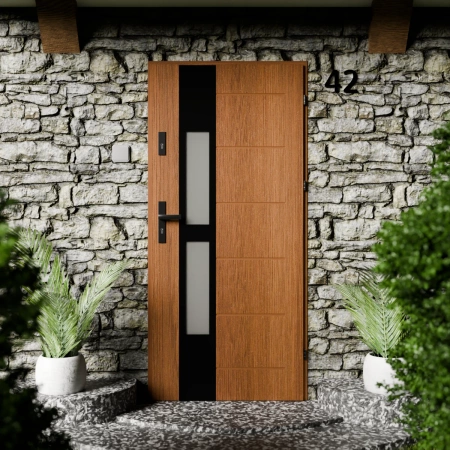 Drzwi zewnętrzne stalowe do domu Anda Black 72mm z klamką czarną energooszczędne Ud=1.3 lustro weneckie szyba mleczna Program Czyste Powietrze