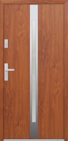Drzwi zewnętrzne do domu stalowo aluminiowe 68 mm z szybą i okuciami inox ATU68 złoty dąb Program Czyste Powietrze M505
