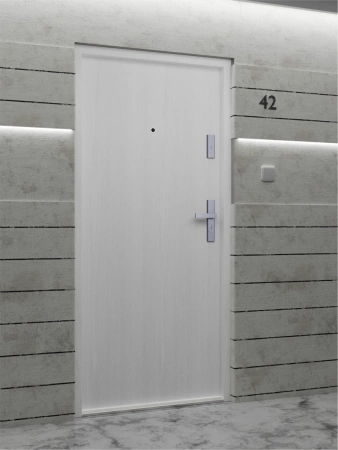 Drzwi wewnątrzklatkowe akustyczne wyciszające 47 dB antywłamaniowe RC3 55 mm stalowe gładkie z klamką inox srebrną biały drewnopodobny G00