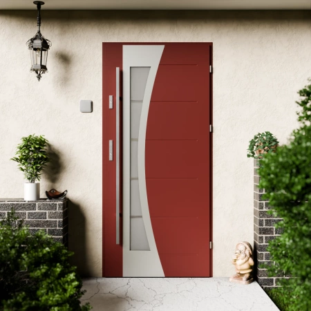 Drzwi zewnętrzne stalowe do domu Optima Inox 72mm z antabą/pochwytem energooszczędne Ud=1.3 lustro weneckie szyba mleczna Program Czyste Powietrze