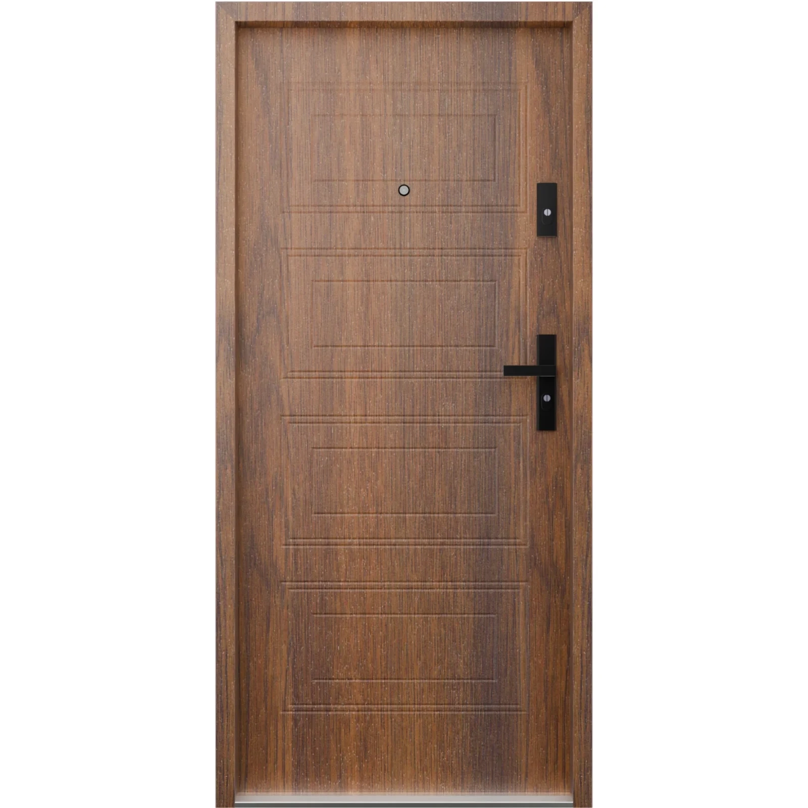 Ekonomiczne drzwi wewnątrzklatkowe wejściowe do mieszkania z klatki schodowej 55 mm stalowe orzech T34