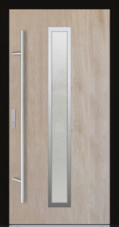 Drzwi zewnętrzne wejściowe do domu stalowo aluminiowe 82 mm DS82 z czarną ramą i okuciami inox przeszklone dąb turner Program Czyste Powietrze M01