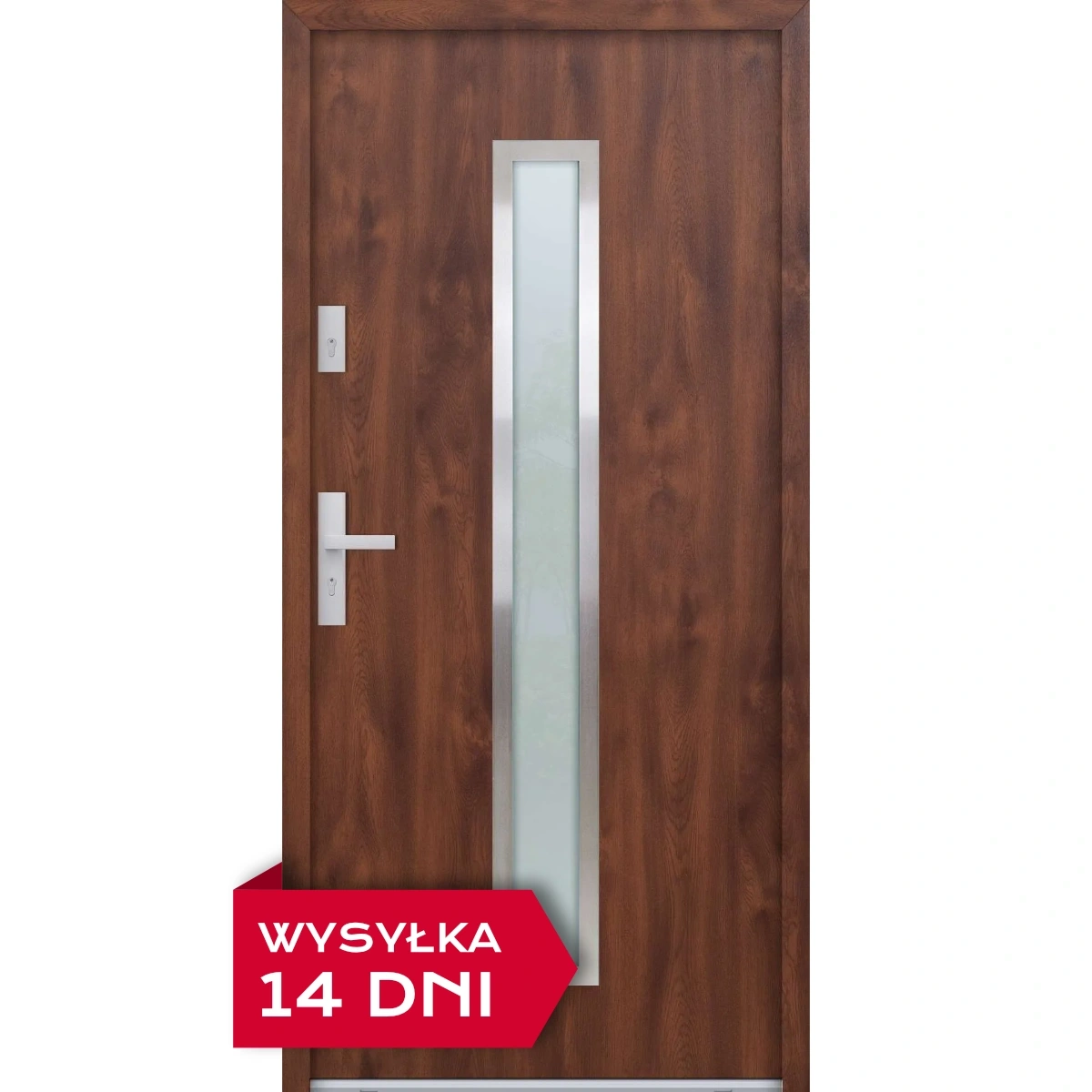 Drzwi zewnętrzne do domu stalowo aluminiowe 68 mm z szybą i klamką inox ATU68 orzech Program Czyste Powietrze M600