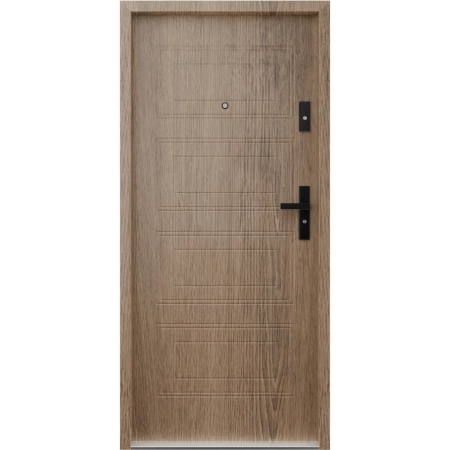 Drzwi wewnątrzklatkowe antywłamaniowe RC3 z Certyfikatem akustyczne wyciszające 47 dB 55 mm stalowe z tłoczeniami z klamką czarną dąb trufla T34