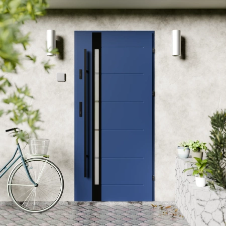 Drzwi zewnętrzne stalowe do domu Toreno Black 72mm z antabą/pochwytem energooszczędne Ud=1.3 lustro weneckie szyba mleczna Program Czyste Powietrze