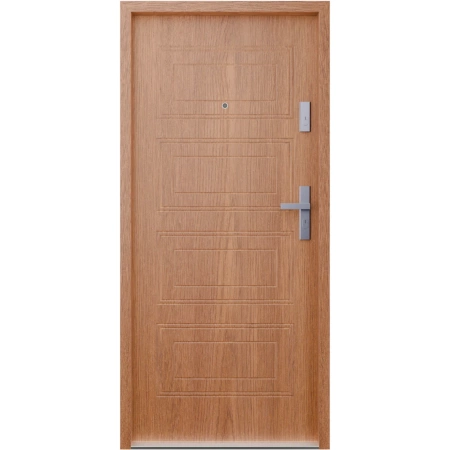 Drzwi wewnątrzklatkowe antywłamaniowe RC3 z Certyfikatem akustyczne wyciszające 47 dB 55 mm stalowe z tłoczeniami z klamką inox srebrną złoty dąb T34