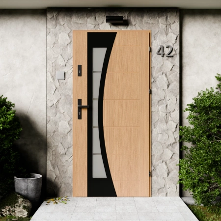 Drzwi zewnętrzne stalowe do domu Optima Black 72mm z klamką czarną energooszczędne Ud=1.3 lustro weneckie szyba mleczna Program Czyste Powietrze