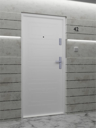 Drzwi wewnątrzklatkowe antywłamaniowe RC3 z Certyfikatem akustyczne wyciszające 47 dB 55 mm stalowe z tłoczeniami z klamką inox srebrną białe T34