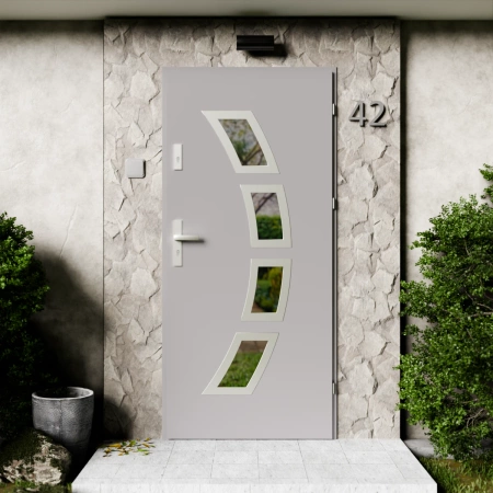 Cinea Inox CK drzwi zewnętrzne 72 mm z klamką energooszczędne Ud-1.3 przeszklone lustro weneckie szyba mleczna Program Czyste Powietrze
