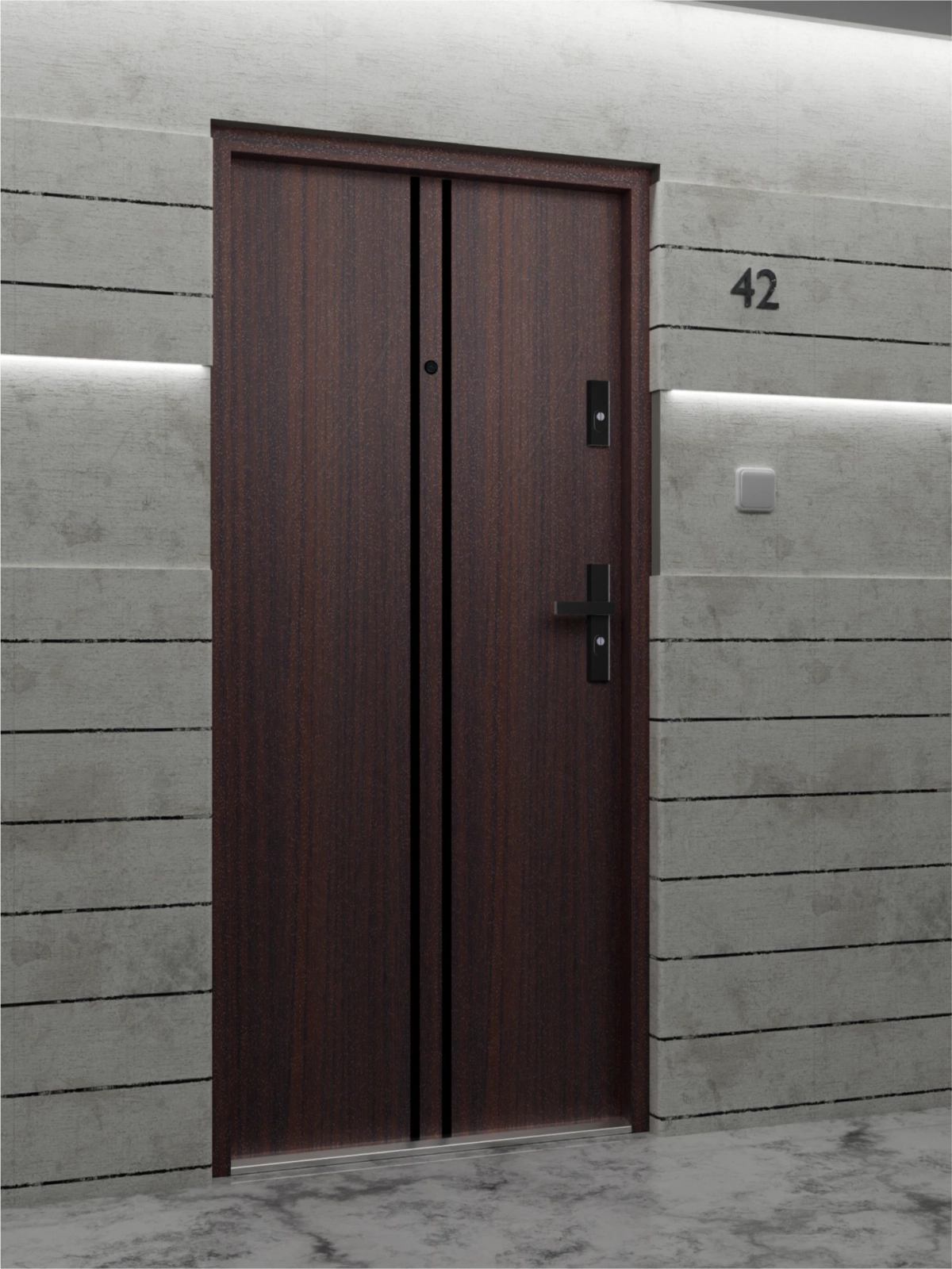 Ekonomiczne drzwi wewnątrzklatkowe wejściowe do mieszkania z klatki schodowej 55 mm stalowe mahoń A7