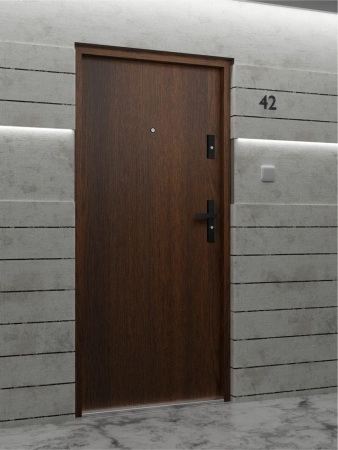 Drzwi wewnątrzklatkowe antywłamaniowe RC3 z Certyfikatem akustyczne wyciszające 47 dB 55 mm stalowe gładkie z klamką czarną orzech G00