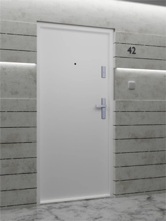 Drzwi wewnątrzklatkowe antywłamaniowe RC3 z Certyfikatem akustyczne wyciszające 47 dB 55 mm stalowe gładkie z klamką inox srebrną białe G00