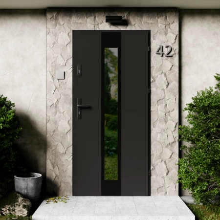 Drzwi zewnętrzne stalowe do domu Modern Black 72mm z klamką czarną energooszczędne Ud=1.3 lustro weneckie szyba mleczna Program Czyste Powietrze