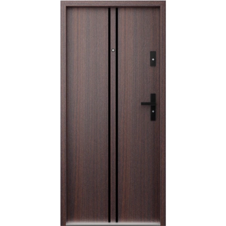 Drzwi wewnątrzklatkowe antywłamaniowe RC3 z Certyfikatem akustyczne wyciszające 47 dB 55 mm stalowe z klamką czarną i aplikacjami mahoń A7