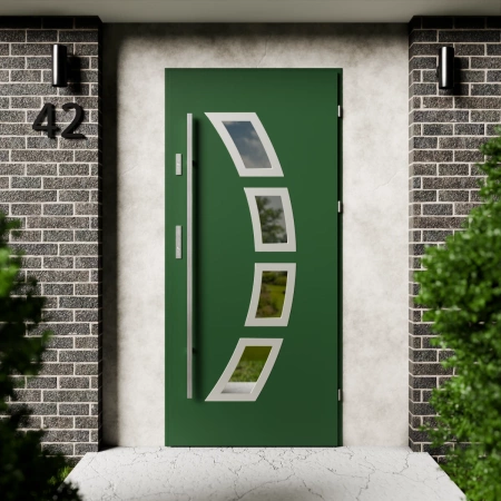 Drzwi zewnętrzne stalowe do domu Cinea Inox 72mm z antabą/pochwytem energooszczędne Ud=1.3 lustro weneckie szyba mleczna Program Czyste Powietrze