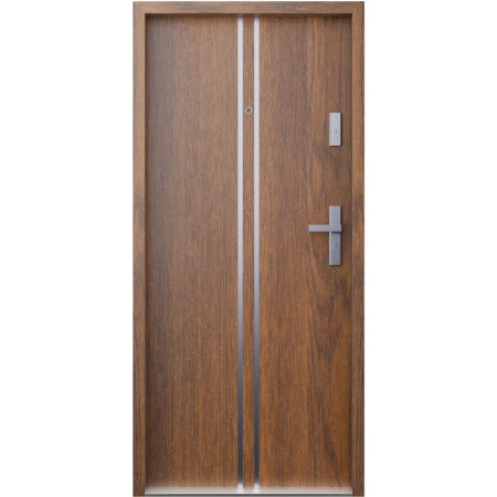 Drzwi klatkowe wejściowe do mieszkania w bloku antywłamaniowe RC3 wygłuszające 47 dB 55 mm stalowe z klamką inox srebrną i aplikacjami orzech A7