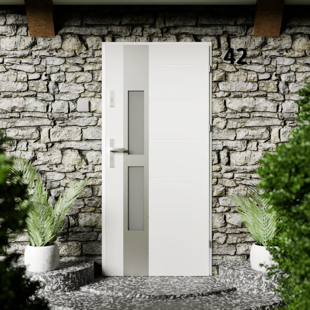 Drzwi zewnętrzne stalowe do domu Anda Inox 72mm z klamką energooszczędne Ud=1.3 lustro weneckie szyba mleczna Program Czyste Powietrze