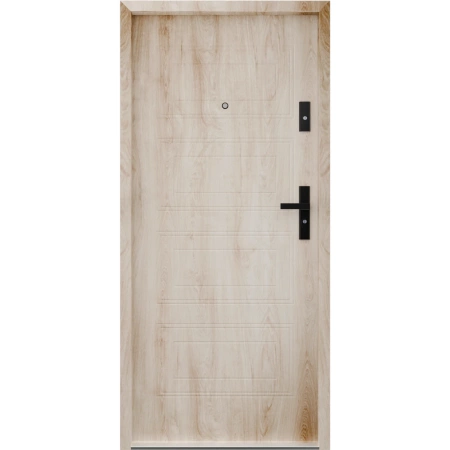 Drzwi wewnątrzklatkowe antywłamaniowe RC3 z Certyfikatem akustyczne wyciszające 47 dB 55 mm stalowe z tłoczeniami z klamką czarną dąb turner T34