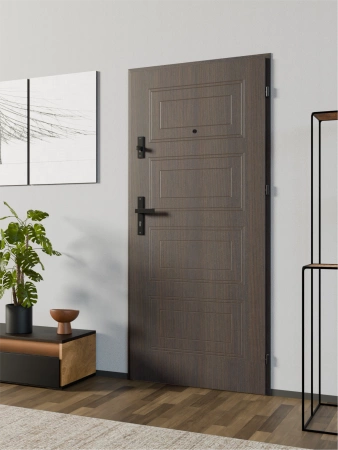 Drzwi wewnątrzklatkowe antywłamaniowe RC3 z Certyfikatem akustyczne wyciszające 47 dB 55 mm stalowe z tłoczeniami z klamką czarną dąb bagienny T34