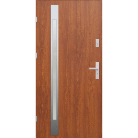 Drzwi zewnętrzne do domu stalowo aluminiowe 68 mm z szybą i okuciami inox ATU68 złoty dąb Program Czyste Powietrze M504