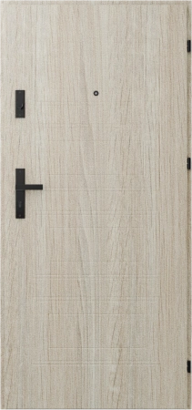 Drzwi wewnątrzklatkowe antywłamaniowe RC3 z Certyfikatem akustyczne wyciszające 47 dB 55 mm stalowe z tłoczeniami z klamką czarną dąb sonoma T34