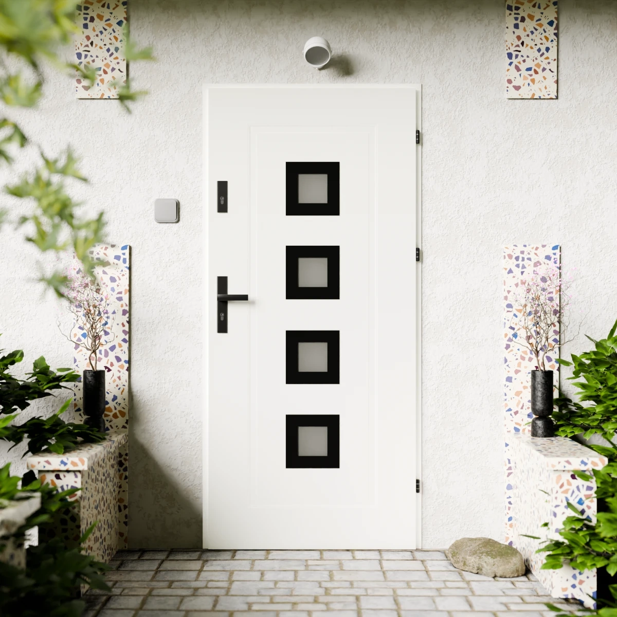 Drzwi zewnętrzne stalowe do domu Quarto Black 72mm z klamką czarną energooszczędne Ud=1.3 reflex szary szyba mleczna Program Czyste Powietrze