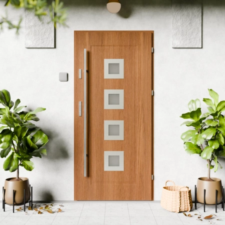 Quarto Inox CK drzwi zewnętrzne 72 mm z antabą/pochwytem energooszczędne Ud-1.3 przeszklone reflex szary szyba mleczna Program Czyste Powietrze