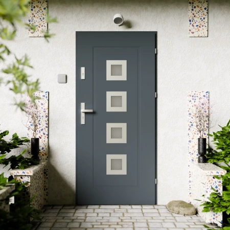 Quarto Inox CK drzwi zewnętrzne 72 mm z klamką energooszczędne U <= 1.3 przeszklone lustro weneckie szyba mleczna Program Czyste Powietrze